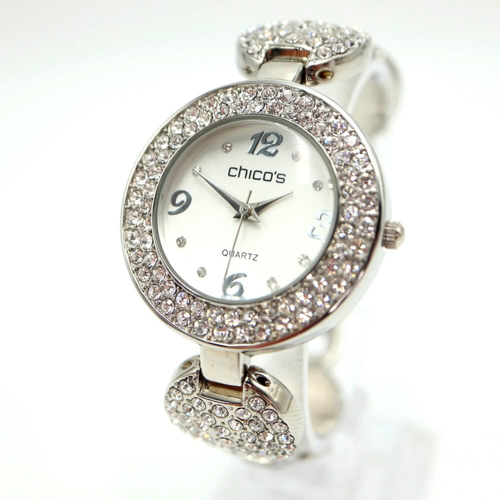 Chico's Womens Silver Tone Iced Bedazzle Bling Watch 35mm Round w New Battery